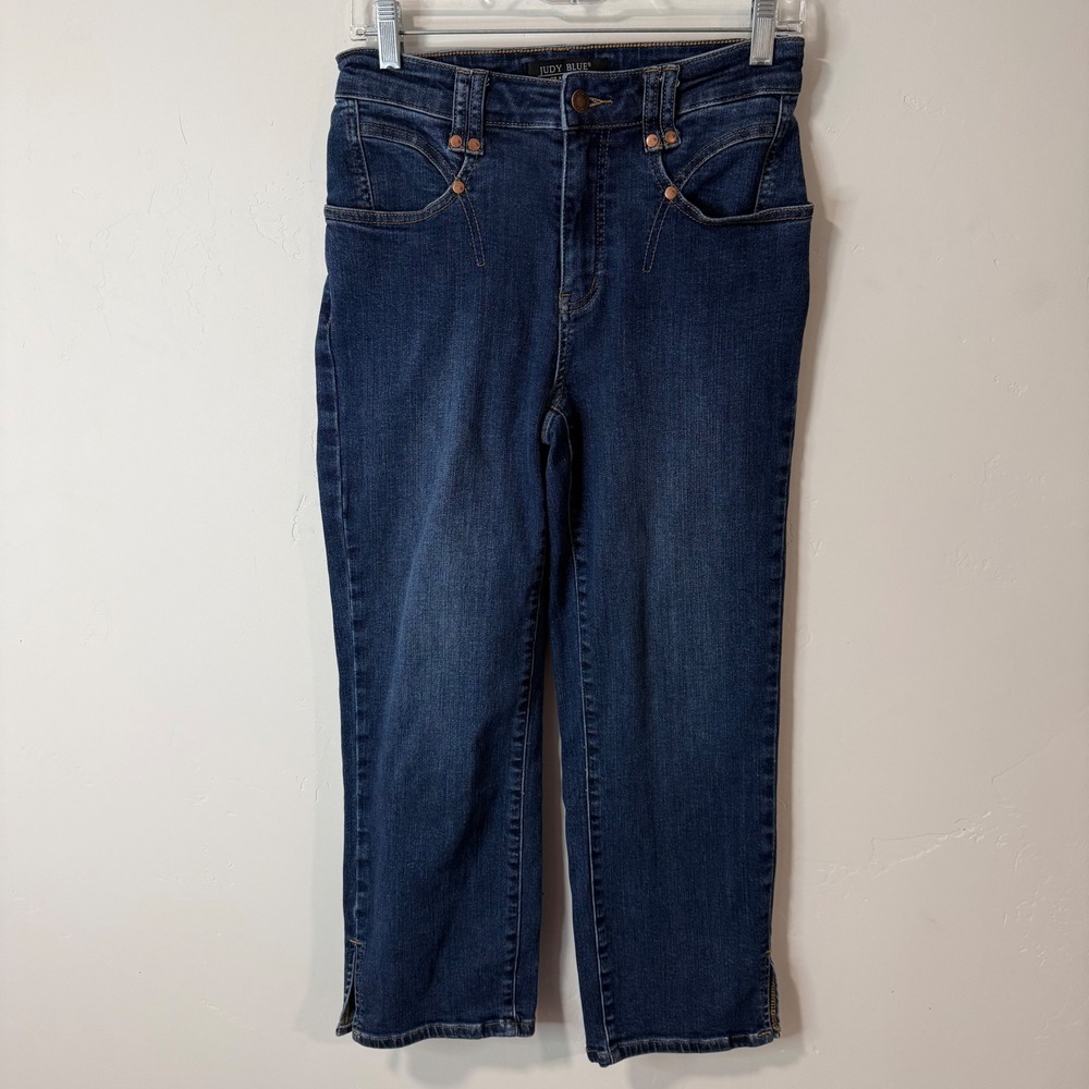 Judy Blue Womens Center Stage Jeans 5/27 Blue‎ High Rise Straight Leg Slit Hem